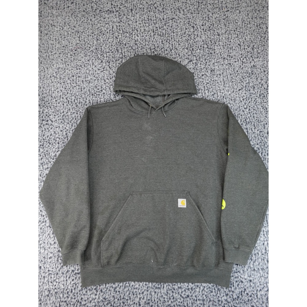 Carhartt Hoodie Mens L Gray Neon Yellow Sleeve Logo Pullover‎ Sweatshirt